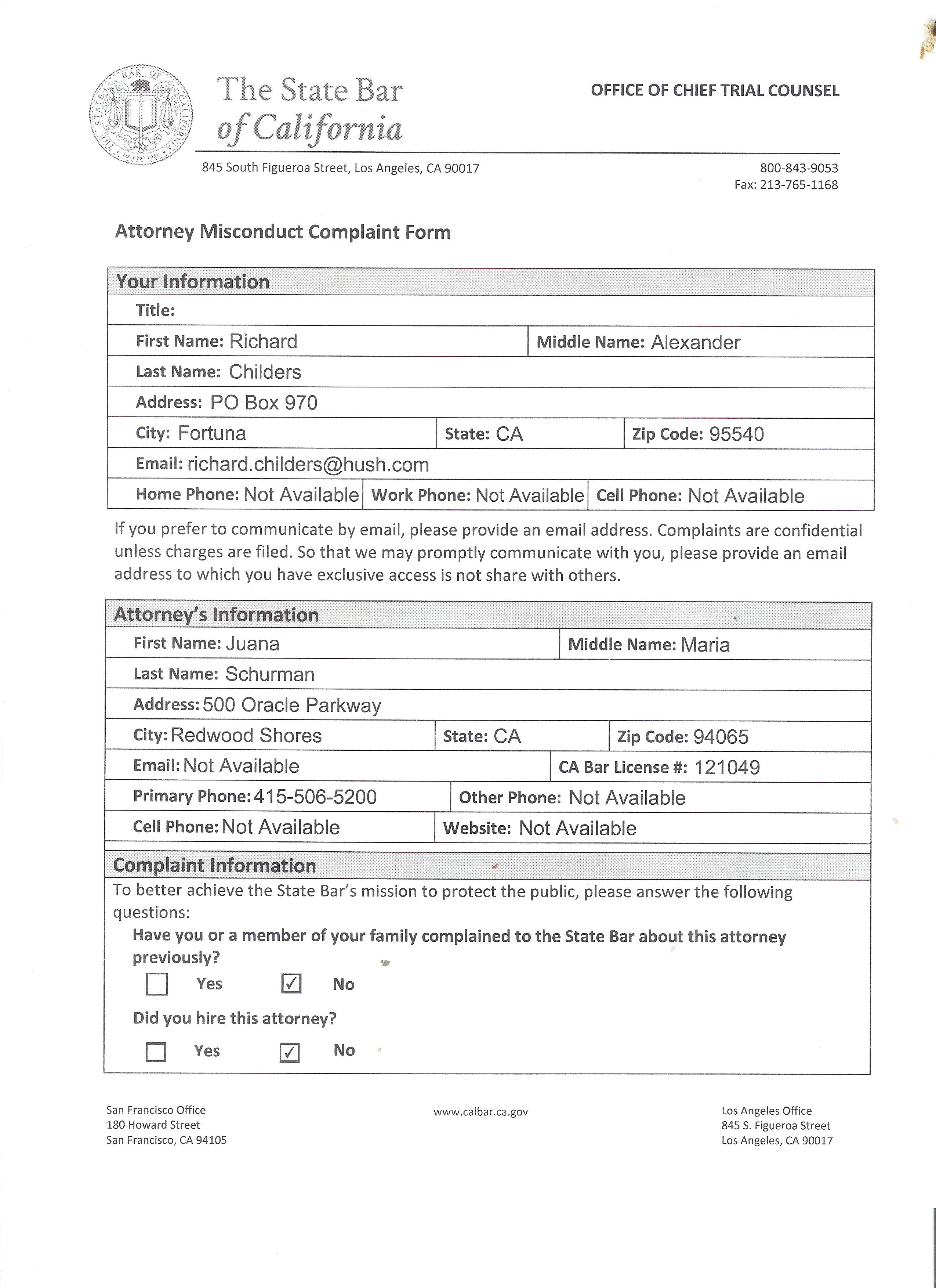 California State Bar complaint against Juana Schurman, page 1 of 3