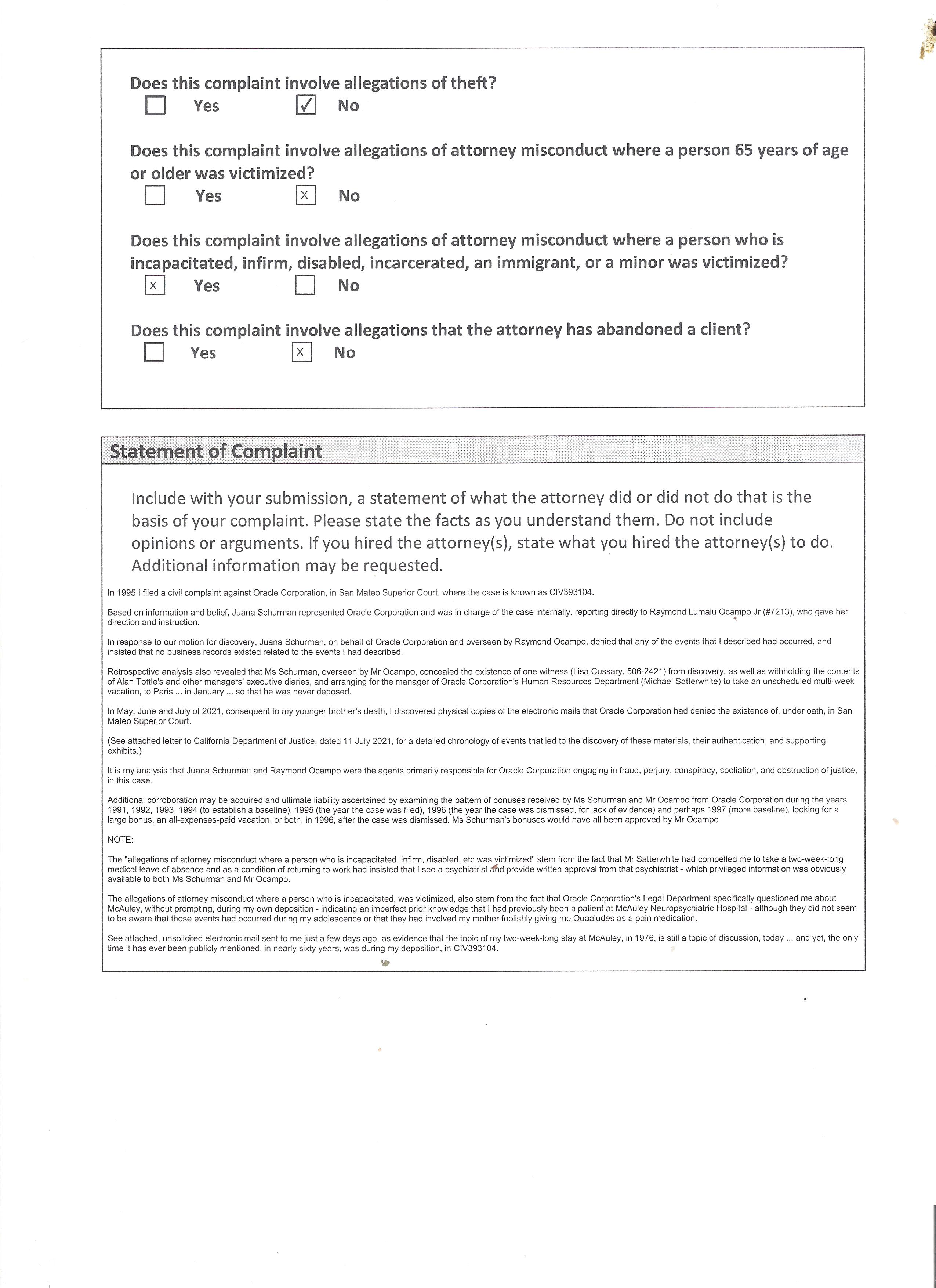 California State Bar complaint against Juana Maria Schurman, page 2 of 3