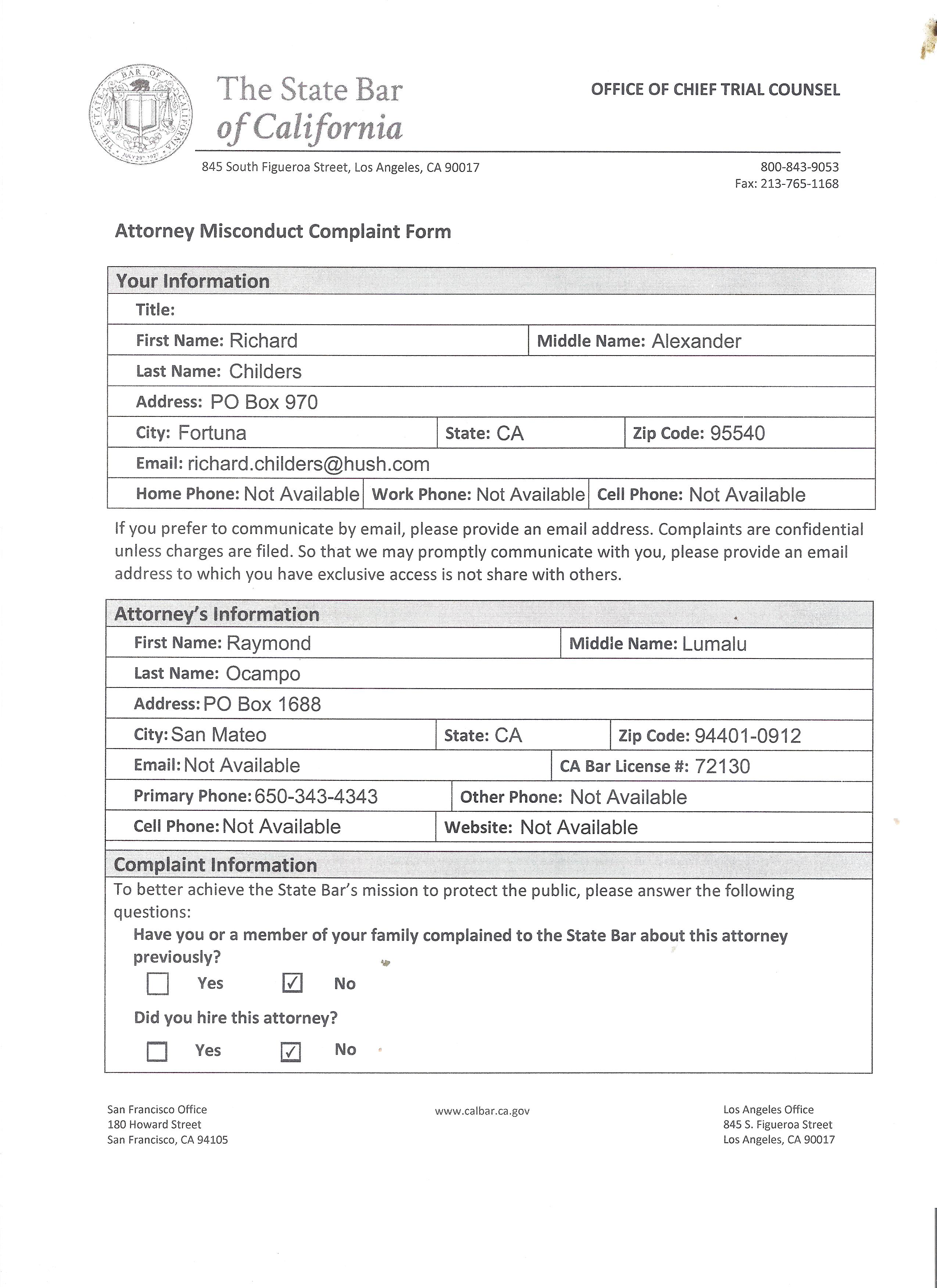 California State Bar complaint against Raymond Ocampo, page 1 of 3