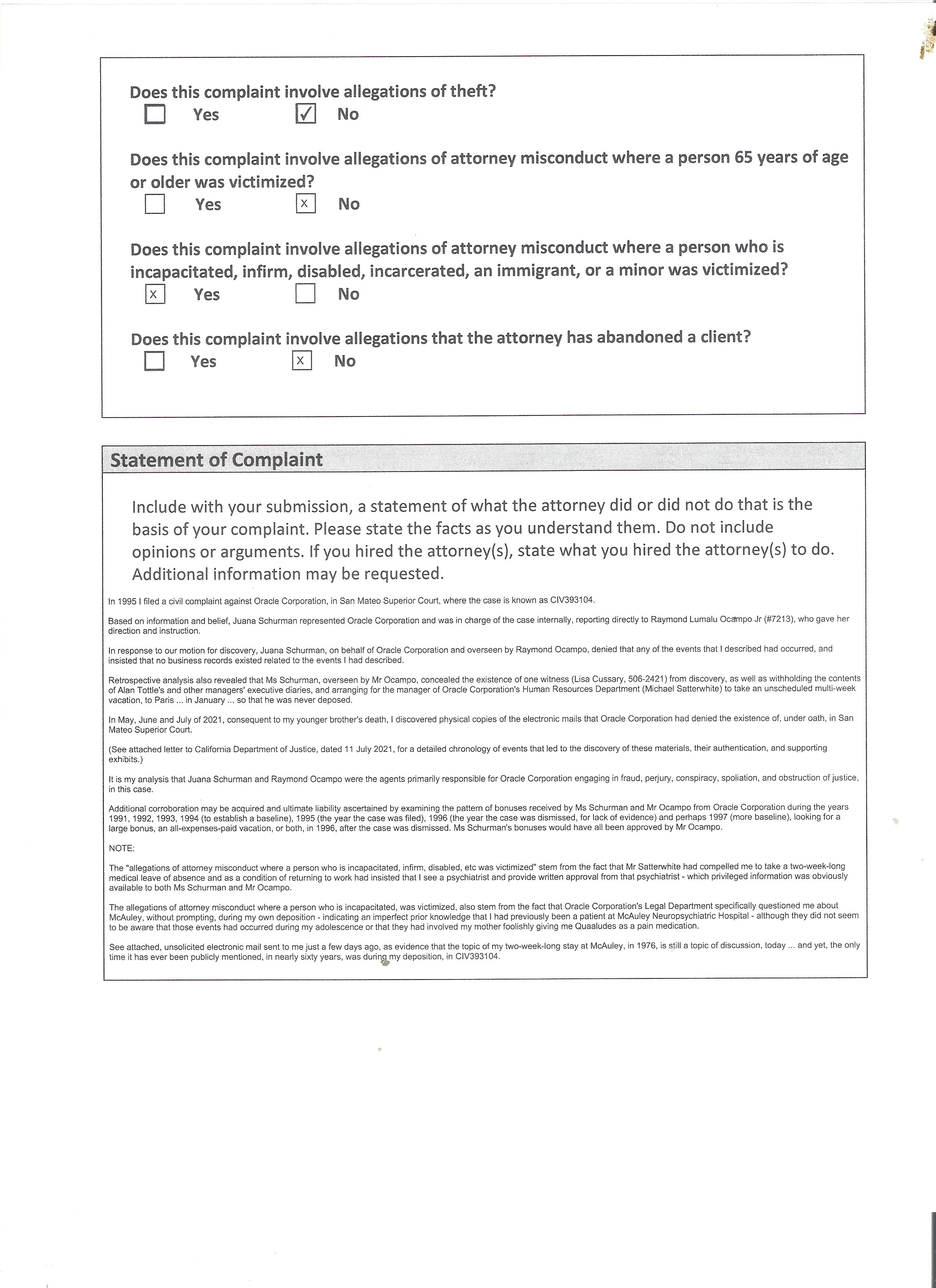 California State Bar complaint against Raymond Ocampo, Jr, page 2 of 3